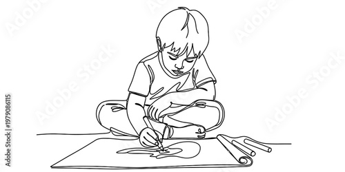 A black and white line drawing of a young boy sitting on the floor while drawing with a marker