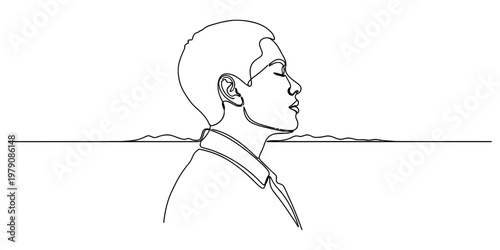 Minimalist continuous line drawing of a person with short hair reflecting in a peaceful moment.
