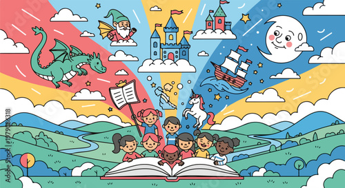 Children Reading Book Together Outdoors.