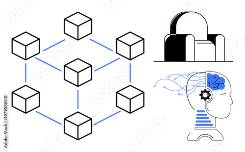 Blockchain, AI development, data analytics, innovation, technological solutions, network systems. Blockchain nodes interconnected. AI head design with data visualization. Blockchain and AI
