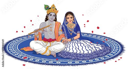 Lord krishna and radha depicted in a colorful illustrative style
