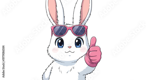 A cute cartoon rabbit wearing sunglasses gives a thumbs up
