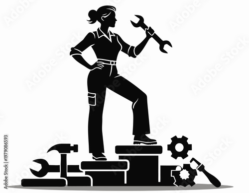 A strong woman mechanic holding a wrench, with tools. International Labor Day vector illustration for poster design.