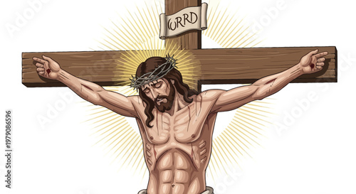 Jesus christ on the cross with a crown of thorns and radiating light