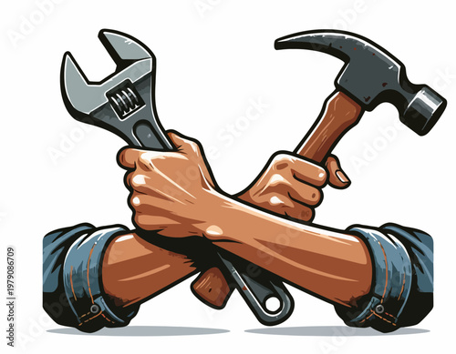 Two hands wearing denim shirts are crossed, holding a wrench and a hammer, symbolizing construction and repair work. International Labor Day vector illustration for poster design.