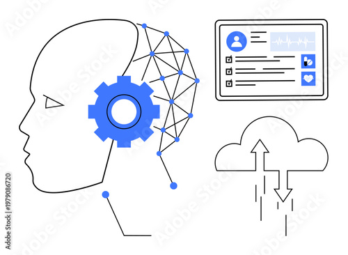 Artificial intelligence concept. Artificial intelligence connects neural networks, cloud data storage, and digital health records. Artificial intelligence powering future medical and tech
