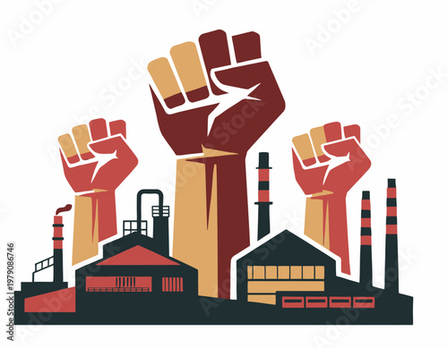 Three raised fists symbolizing power and revolution over a factory landscape with smokestacks. International Labor Day vector illustration for poster design.