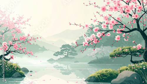 Zen cherry lagoon featuring pine forms, mist, silence, balance. Artful blossom waterside with bonsai shapes, calm, reflection. Minimal spring scene near still shore, petals, rocks, serenity