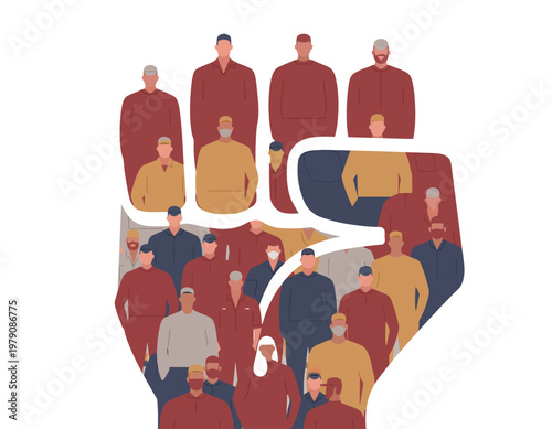 A diverse group of people forming a powerful fist symbol of unity and solidarity. International Labor Day vector illustration for poster design.