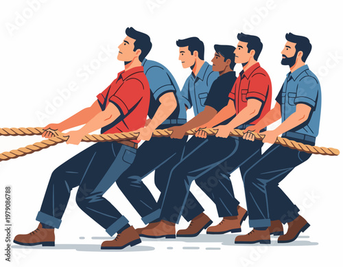 A diverse group of men in casual attire are engaged in a strenuous tug-of-war competition, pulling a thick rope with determined expressions.