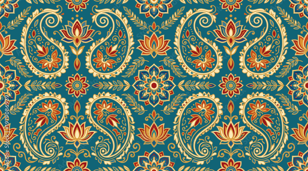 Fototapeta premium Ornate paisley and floral seamless textile pattern on teal background.