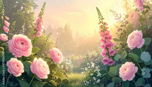 Overhanging sakura boughs beside dreamy riverside bloom. Romantic spring waterscape framed by petals and greenery. Airy floral vista across quiet banks under pastel haze