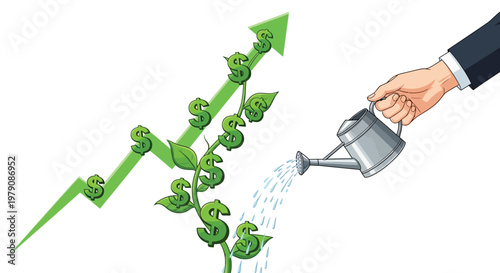 Investing in growth a hand watering a plant shaped like a chart