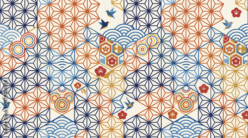 Traditional Japanese seamless pattern with floral and geometric motifs.