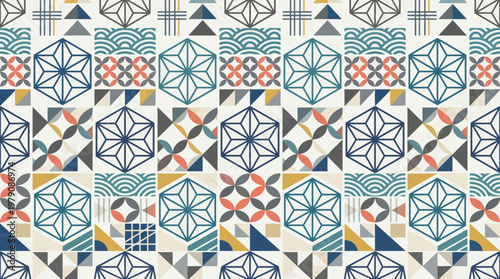 Colorful geometric ceramic tile mosaic pattern with vintage ornamental motifs.