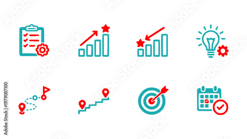 Modern business icons with charts, targets, and progress indicators.