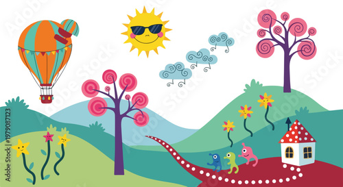 Colorful Cartoon Landscape with Hot Air Balloon.