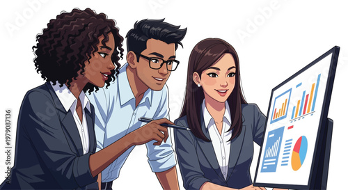 Three young professionals collaborating and analyzing data on a digital screen