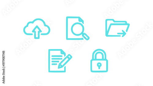 Cloud computing icons with upload, download, and file management features.