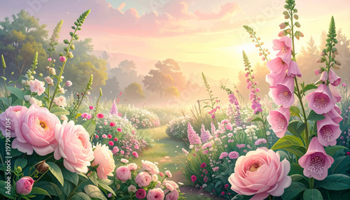 Romantic rose border glowing beneath golden morning light. Elegant floral meadow with blush petals and woodland haze. Luxury garden backdrop featuring blooms, sunshine, serenity