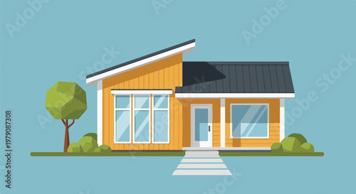 A simple yellow house with a dark roof and white trim