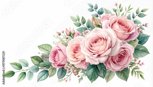 Luxurious pink bouquet arranged diagonally with spacious margin. Tender petals, leafy stems, refined charm, bridal appeal. Graceful floral corner tailored for premium invitation artwork