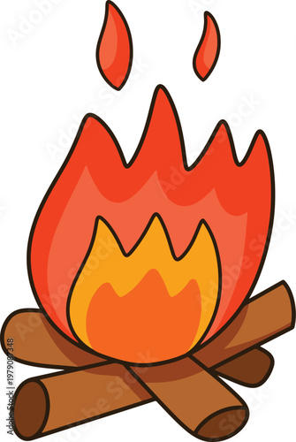 Cute campfire cartoon hand drawn minimalist bonfire with wood logs for camping and adventure design
