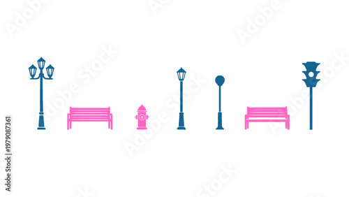 Urban park icons with benches, lamps, and outdoor elements.