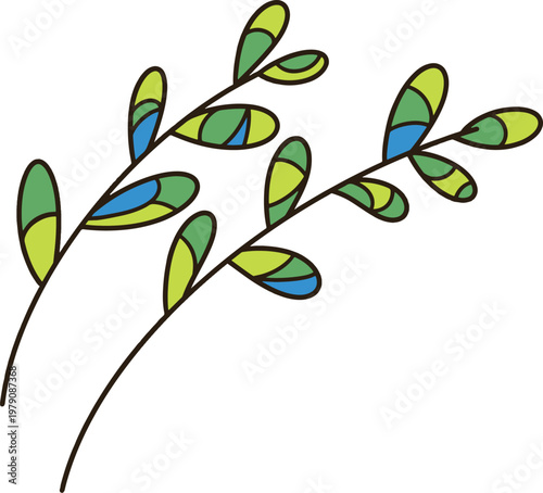 Cute green blue leaves hand drawn minimalist stained glass leaf branch for nature and eco design