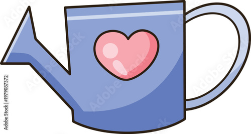 Cute blue watering can with pink heart cartoon hand drawn minimalist gardening icon for kids decor