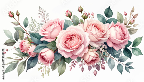 Blush rose spray featuring unopened buds and muted foliage. Gentle floral banner for beauty packaging and salon branding. Tender botanical artwork with airy stems, grace, calm