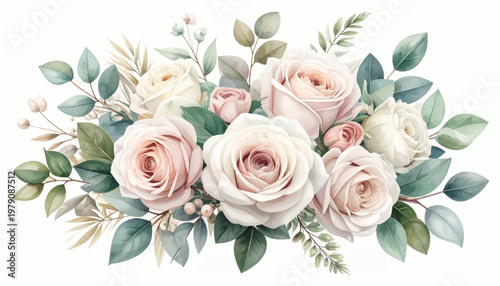 Classic pastel roses with ivory blooms and fresh leafy fullness. Refined floral grouping for invitations, cards, menus, wrappers. Gentle petals, pale greens, soft balance, timeless romance