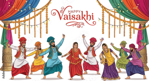 Joyful Vaisakhi celebration is depicted with a group of traditionally dressed Punjabi dancers in vibrant colors against a festive backdrop of draped fabrics and decorative lights