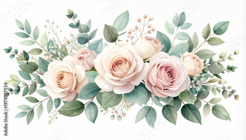 Horizontal rose spray with open foliage and graceful pastel blooms. Clean floral layout ideal for banners, headers, covers, templates. Airy stems, pale petals, modern spacing, refined visual appeal