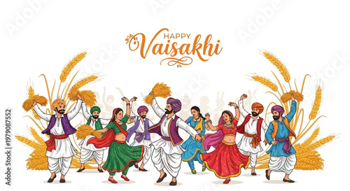 A vibrant vector illustration of the Vaisakhi celebration, depicting joyful Punjabi dancers in traditional attire against a clean white background, conveying the energetic mood