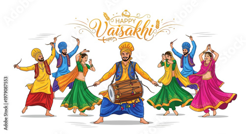 Illustrated vector art displays a vibrant Baisakhi celebration with Punjabi dancers in traditional attire, performing against a white backdrop, embodying the joyful spirit of the harvest