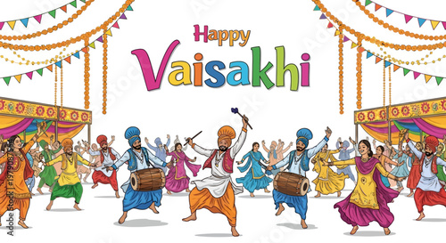 Illustrative vector art showcasing a joyful Vaisakhi celebration with vibrantly dressed Punjabi dancers performing against a clean white backdrop, adorned with festive decorations