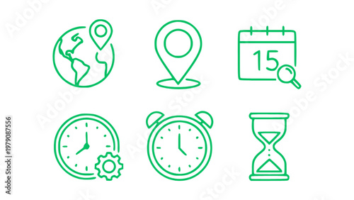 Icons with clocks, maps, calendar, and navigation elements.