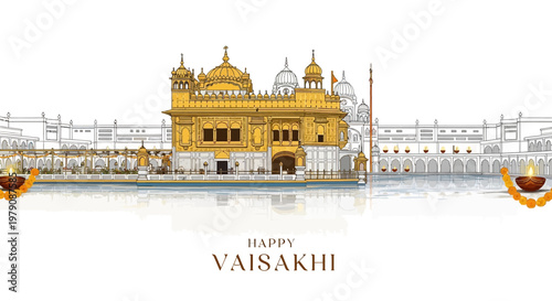 Vaisakhi celebration illustrations showing the Golden Temple in a vector graphic design, depicting the Sikh festival with golden accents against a clean white background, promoting