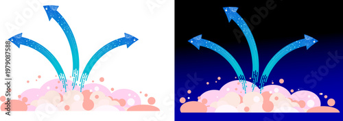 Vector illustration set of three blue arrows shooting out from abstract clouds. Clean path, editable design with copy space.