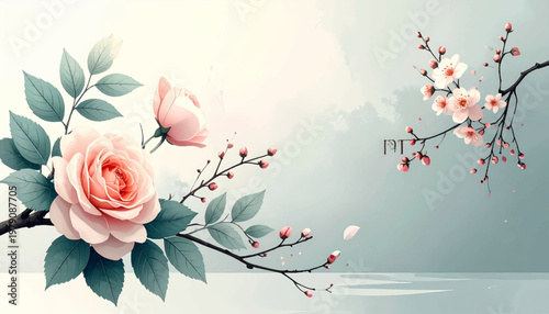 Minimal rose branch with sakura detail and generous copy room. Asymmetrical blossom artwork for branding, posters, and menus. Soft oriental backdrop featuring petals, buds, and quiet space