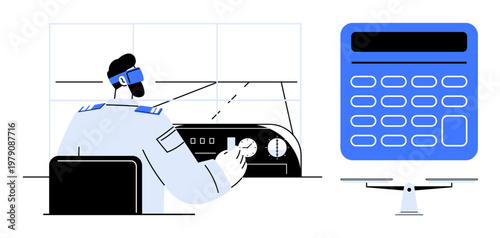 Air traffic control, aviation management, safety monitoring, radar operations, flight navigation, transportation systems. A controller with a headset operates a control panel and monitor. Air traffic