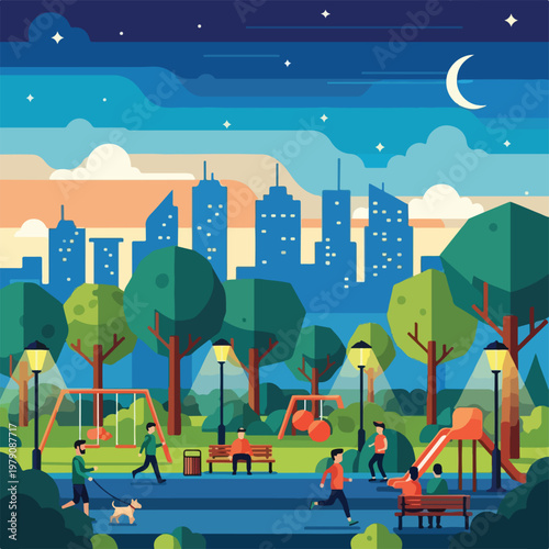 City Park Scene with People and Trees.