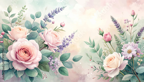 Pastel roses and lavender surrounding a luminous watercolor center. Soft floral corners with blush blooms, herbs, and airy light. Romantic botanical backdrop featuring roses, buds, and lilac tones