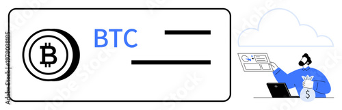 Cryptocurrency, blockchain technology, digital payments, fintech solutions, e-commerce security, financial technology. Bitcoin logo and person managing cryptocurrency wallet. Cryptocurrency