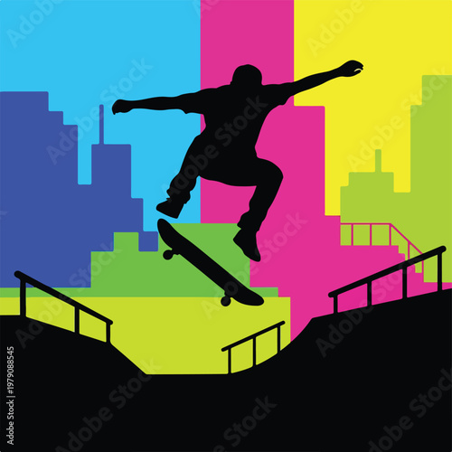Silhouette of a skateboarder in mid-air, colorful city backdrop