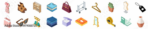 Isometric set of retail and fashion icons featuring clothing, accessories, footwear, store equipment, and decorative elements for shop interior design and e-commerce.