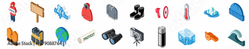 Comprehensive Isometric Icon Set Representing Climate Change, Environmental Activism, Arctic Exploration, and Global Warming Awareness