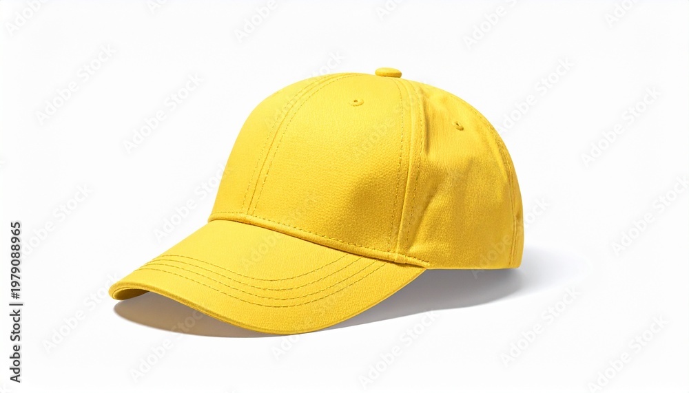 Fototapeta premium A vibrant yellow baseball cap displayed on a clean white background, perfect for fashion and sports apparel