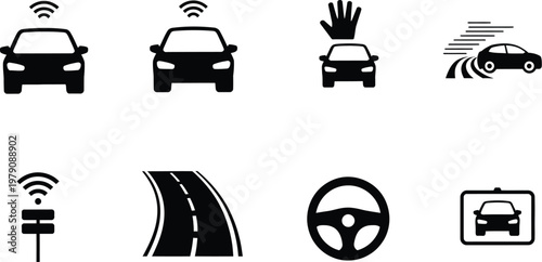 Dashcam icons car dashboard camera symbols traffic monitoring accident recording vehicle surveillance vector illustration